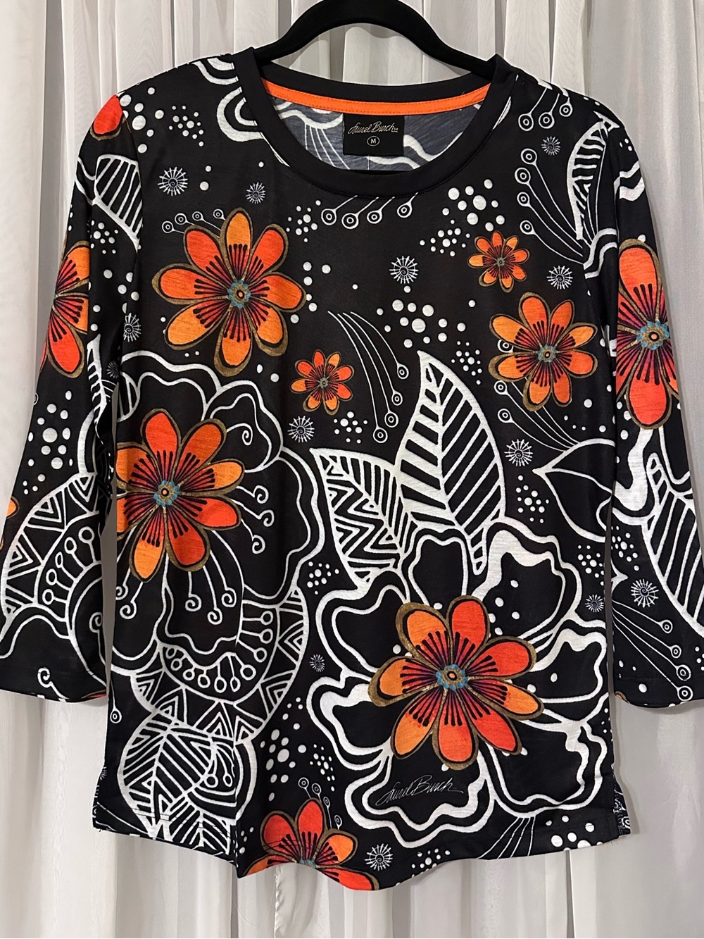 Laurel Burch Black White Orange Floral 3/4 Sleeve Lightweight Whimsical Top